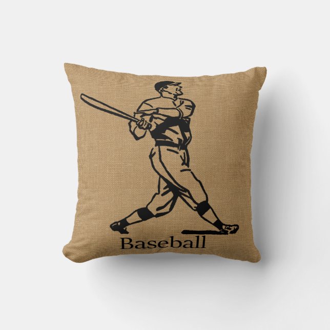 Vintage Baseball Player on Burlap Look Throw Pillow (Front)