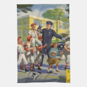 Vintage Baseball Players and Police Crossing Guard Kitchen Towel