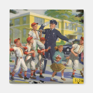 Vintage Baseball Players and Police Crossing Guard Magnet