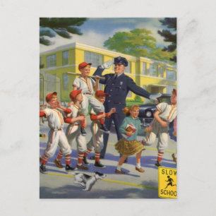 Vintage Baseball Players and Police Crossing Guard Postcard