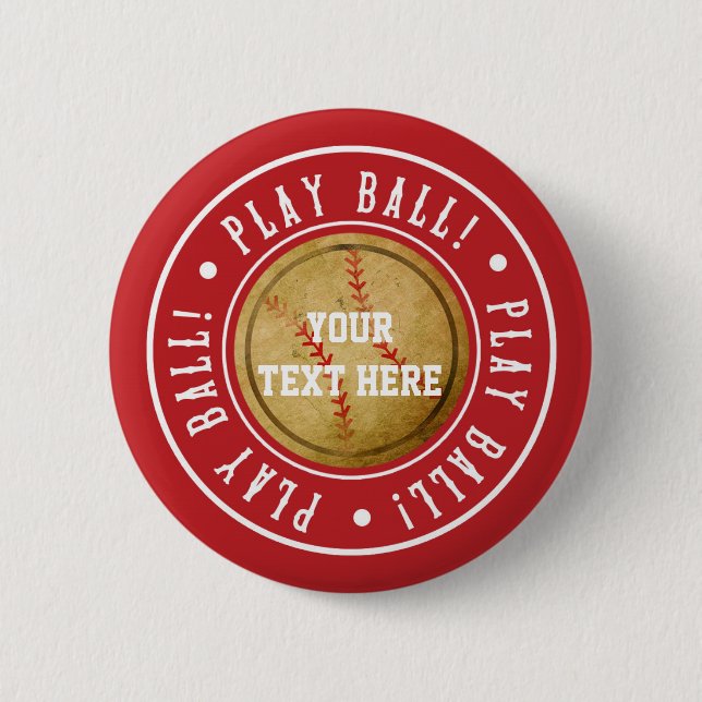 Vintage BASEBALL Red PLAY BALL Party Pin BUTTON (Front)