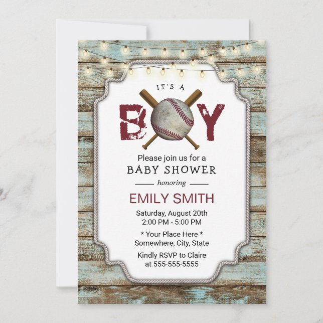 Vintage Baseball Rustic Wood Boy Baby Shower Invitation (Front)