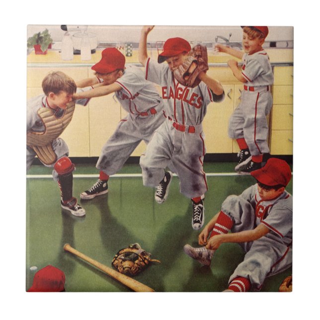 Vintage Baseball Sports Team, Boys Roughhousing Tile (Front)
