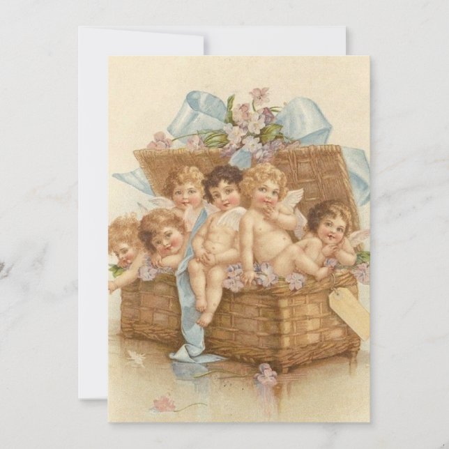 Vintage Basket Full Of Angel Cherubs Holiday Card (Front)