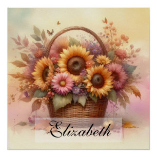Vintage basket of fall flowers pastels watercolor  poster