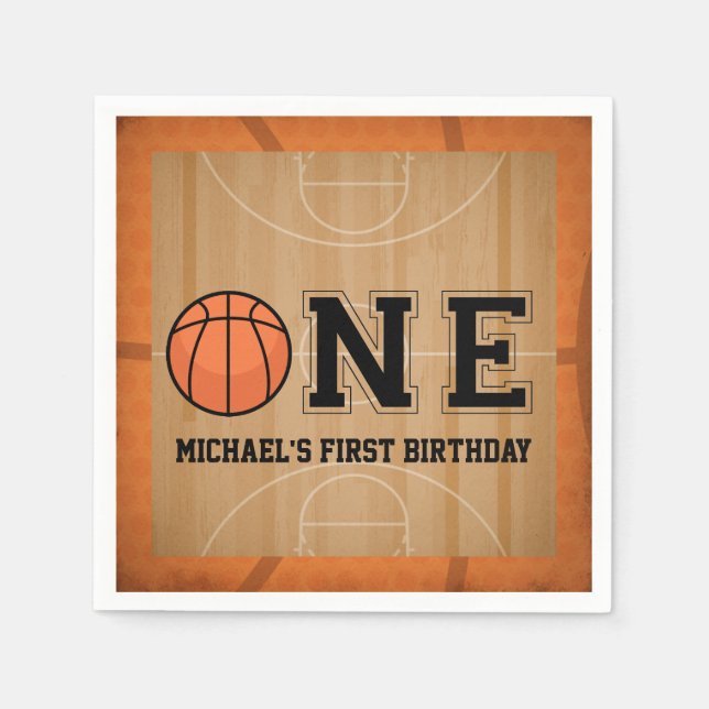Vintage Basketball First Birthday Napkin (Front)