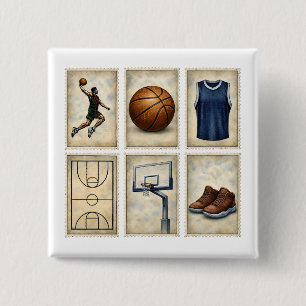 Vintage Basketball Stamps Sports Collection 2 Inch Square Button
