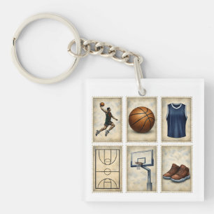 Vintage Basketball Stamps Sports Collection Keychain