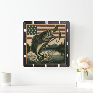 Vintage Bass American Flag Square Wall Clock