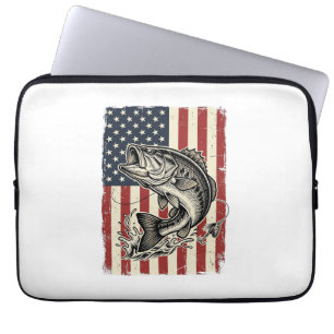 Vintage Bass Fishing American Flag Shirt Design_1 Laptop Sleeve