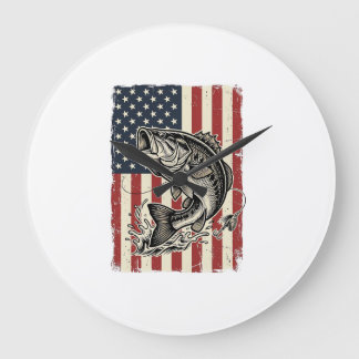 Vintage Bass Fishing American Flag Shirt Design_1 Large Clock