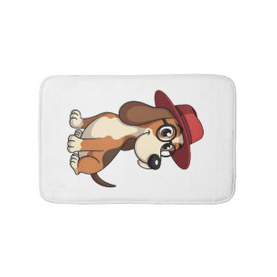 Vintage Basset Hound Cartoon in Red Hat Cute Dog I Bath Mat