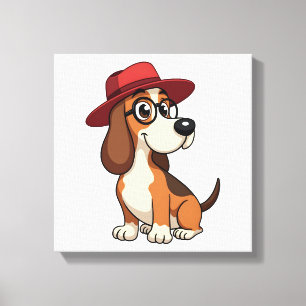 Vintage Basset Hound Cartoon in Red Hat Cute Dog I Canvas Print