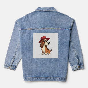Vintage Basset Hound Cartoon in Red Hat Cute Dog I Denim Jacket