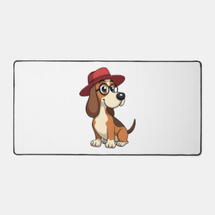 Vintage Basset Hound Cartoon in Red Hat Cute Dog I Desk Mat