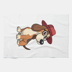 Vintage Basset Hound Cartoon in Red Hat Cute Dog I Kitchen Towel