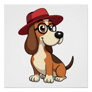 Vintage Basset Hound Cartoon in Red Hat Cute Dog I Poster