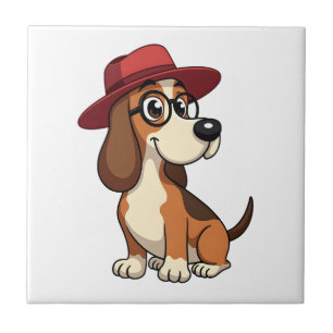Vintage Basset Hound Cartoon in Red Hat Cute Dog I Tile