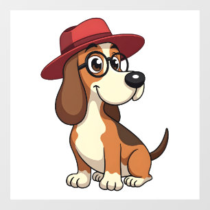 Vintage Basset Hound Cartoon in Red Hat Cute Dog I Window Cling