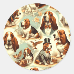 Vintage Basset Hound  Seamless Illustration Classic Round Sticker