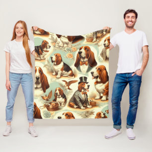 Vintage Basset Hound Seamless Illustration Fleece Blanket