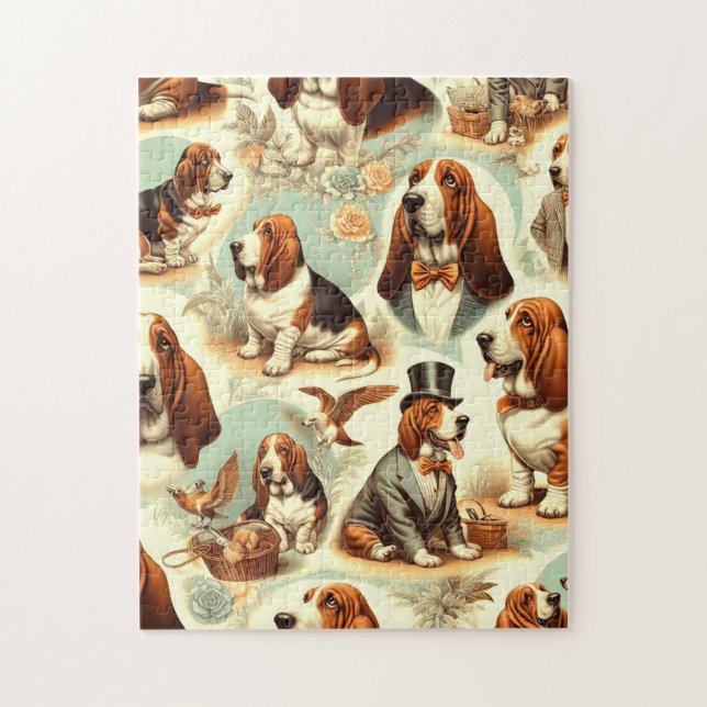 Vintage Basset Hound  Seamless Illustration Jigsaw Puzzle (Vertical)