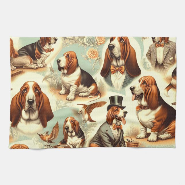 Vintage Basset Hound  Seamless Illustration Kitchen Towel (Horizontal)
