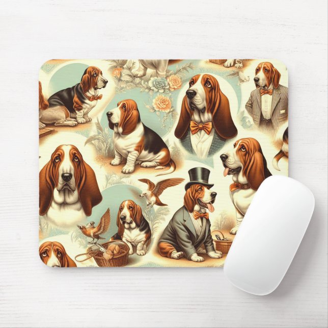 Vintage Basset Hound  Seamless Illustration Mouse Pad (With Mouse)