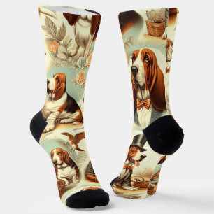 Vintage Basset Hound  Seamless Illustration Socks