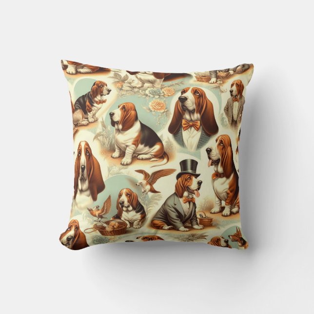 Vintage Basset Hound  Seamless Illustration Throw Pillow (Front)