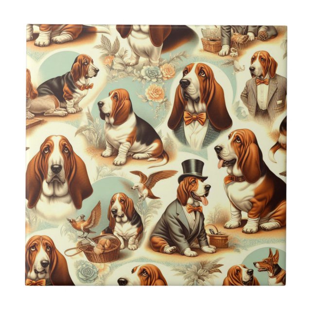 Vintage Basset Hound  Seamless Illustration Tile (Front)