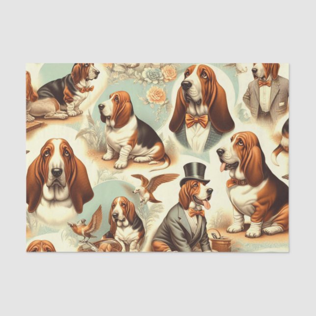 Vintage Basset Hound  Seamless Illustration Tissue Paper (Front)