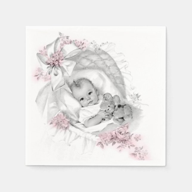 Vintage Bassinet Baby Girl Shower Napkin (Front)