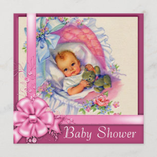 Vintage Bassinet Pink Roses Baby Girl Shower Invitation