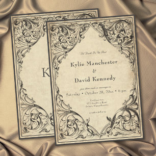 Vintage Bat Until Death Black Parchment Wedding Invitation