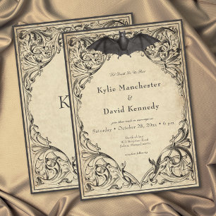 Vintage Bat Until Death Black Parchment Wedding Invitation