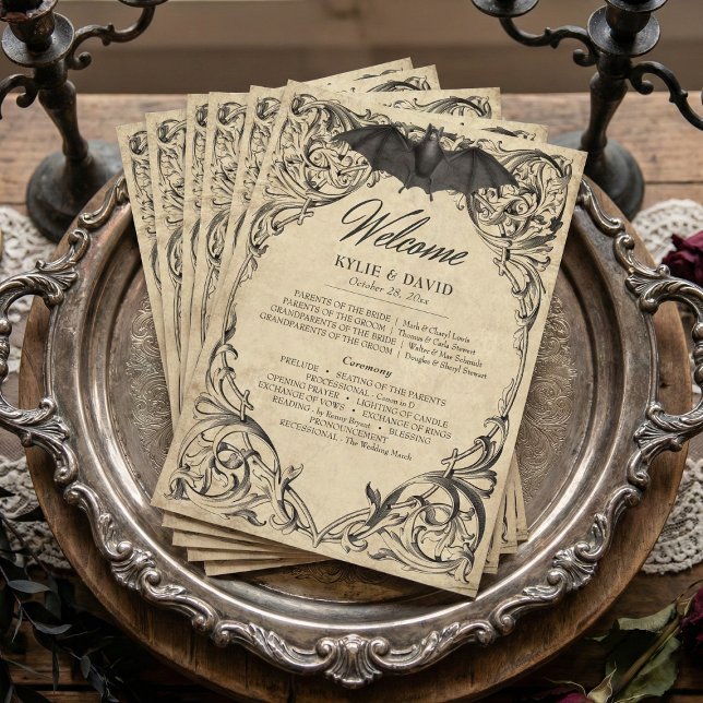 Vintage Bat Until Death Black Parchment Wedding Program (Vintage Bat Until Death Black Parchment Wedding Program)