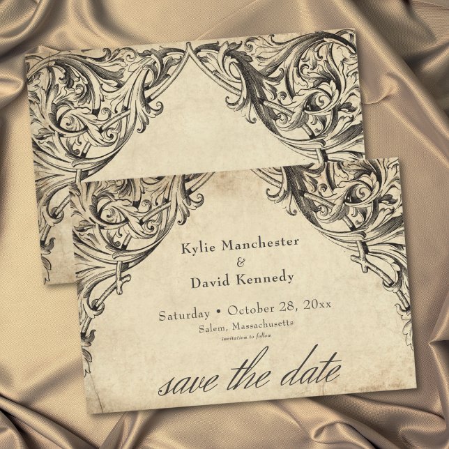 Vintage Bat Until Death Black Parchment Wedding Save The Date (Vintage Bat Until Death Black Parchment Photo Save The Date)