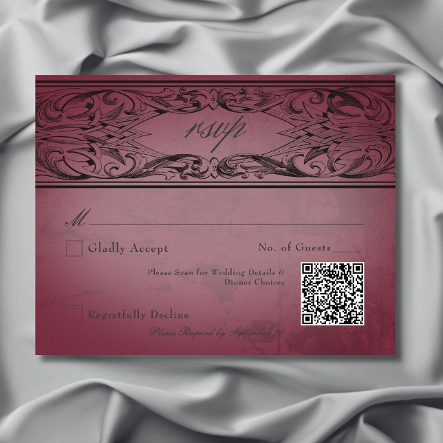 Vintage Bat Until Death Burgundy Wedding RSVP Card (Vintage Bat Until Death Burgundy Wedding RSVP Card with QR Code)