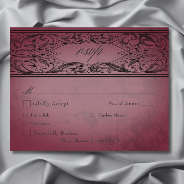 Vintage Bat Until Death Burgundy Wedding RSVP Card (Vintage Bat Until Death Burgundy Wedding RSVP with Dinner Card)