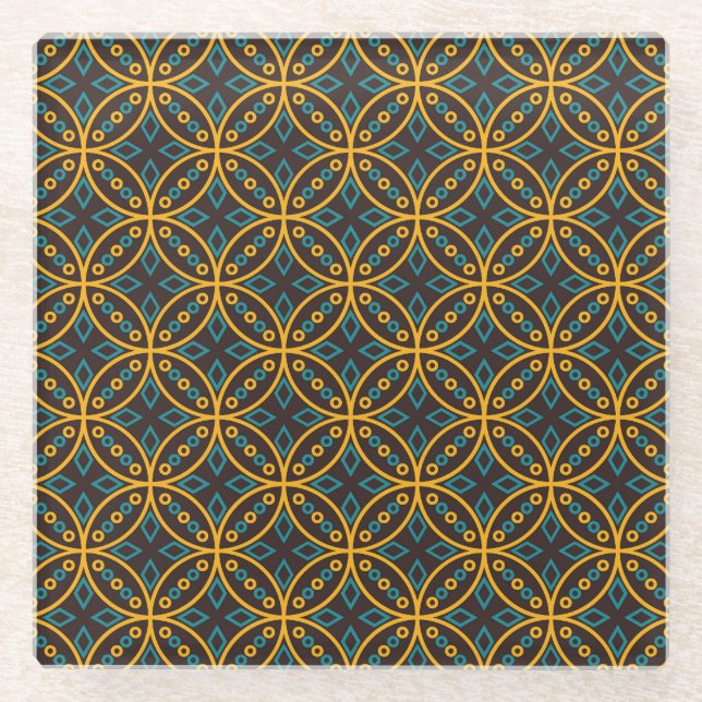 Vintage batik style on brown. glass coaster (Front)