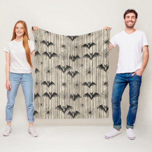 Vintage Bats and Spiderwebs on Distressed Striped Fleece Blanket