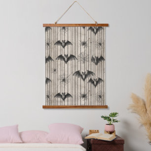 Vintage Bats and Spiderwebs on Distressed Striped Hanging Tapestry