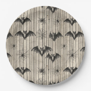Vintage Bats and Spiderwebs on Distressed Striped Paper Plate