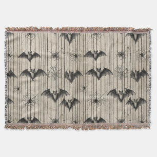 Vintage Bats and Spiderwebs on Distressed Striped Throw Blanket