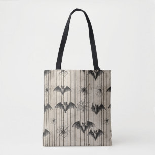 Vintage Bats and Spiderwebs on Distressed Striped Tote Bag