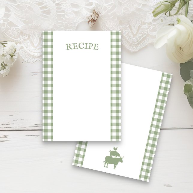Vintage BBQ Sage Green Gingham Recipe Card (Sage Green Gingham Recipe Cards from Rustic Farmhouse BBQ Bridal Shower collection by Darling & May)