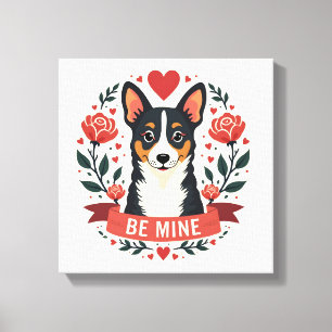 Vintage Be Mine Corgi Valentine Floral Folk Art De Canvas Print