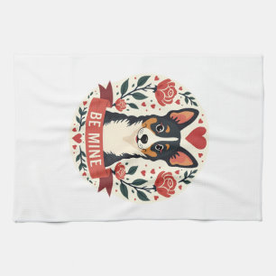 Vintage Be Mine Corgi Valentine Floral Folk Art De Kitchen Towel