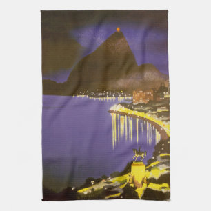 Vintage Beach at Night in Rio De Janeiro, Brazil Kitchen Towel